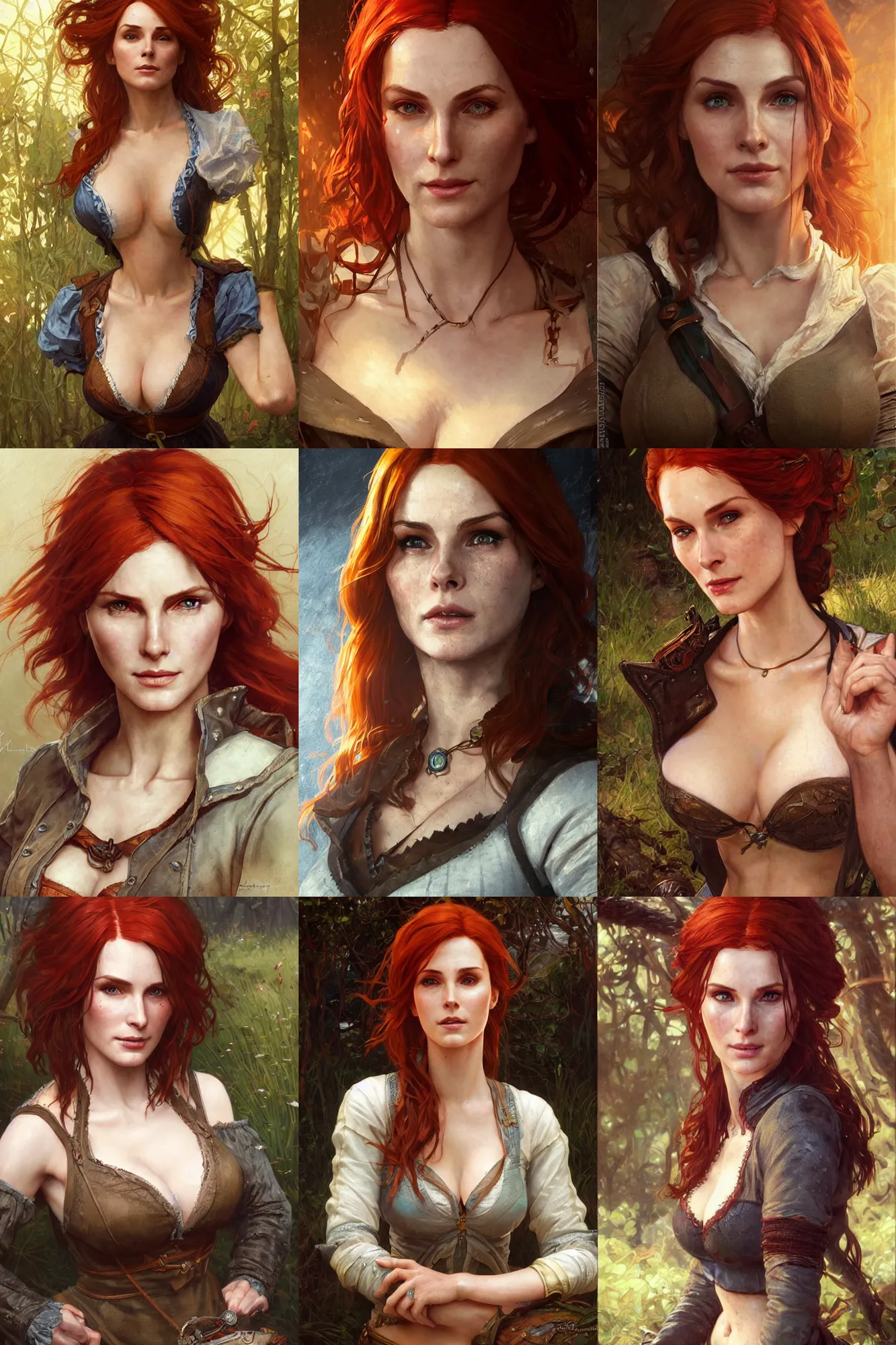 Prompt: alluring highly detailed portrait of Triss from the Witcher 3, very detailed, realistic, by Stanley Artgerm Lau, greg rutkowski, thomas kindkade, alphonse mucha, loish, norman rockwell J.