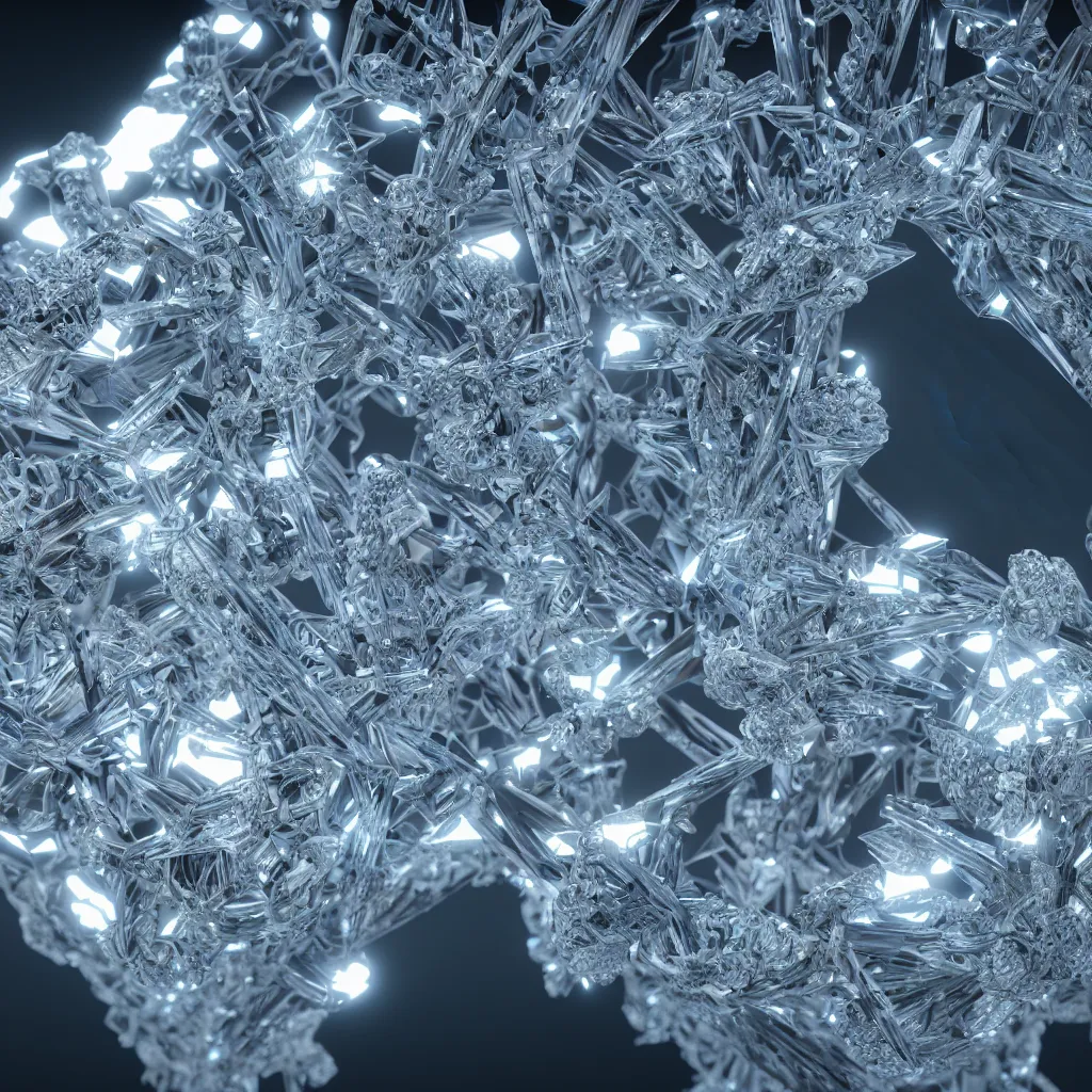 Prompt: crystal structures, octane render, unreal engine, intricate, highly detailed, wide angle, sharp focus, dramatic lighting, scattering, 8 k
