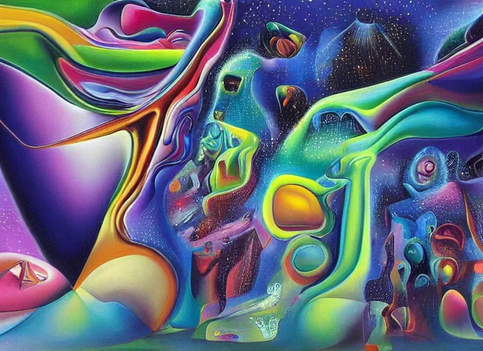 Prompt: an extremely high quality hd surrealism painting of a 3d galactic neon complimentary-colored cartoon surrealism melting optical illusion high-contrast zaha hadid galaxy by kandsky and salvia dali the second, salvador dali's much much much much more talented husband painter bot, clear shapes, 8k, realistic shading, ultra realistic, super realistic