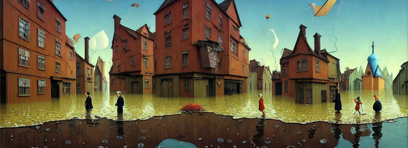 Image similar to flooded! old wooden! empty cursed snail city street, very coherent and colorful high contrast masterpiece by gediminas pranckevicius rene magritte norman rockwell franz sedlacek, full - length view, dark shadows, sunny day, hard lighting, reference sheet white background