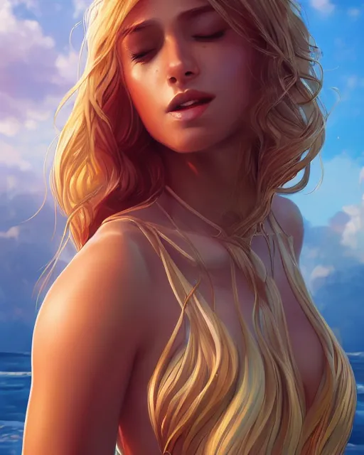 Image similar to summer vibes, beautiful sun tanned goddess, flowy golden hair, sun, summer, cinematic lighting, highly detailed, digital painting, trending on artstation, pixiv, concept art, sharp focus, illustration, art by ross tran and wlop