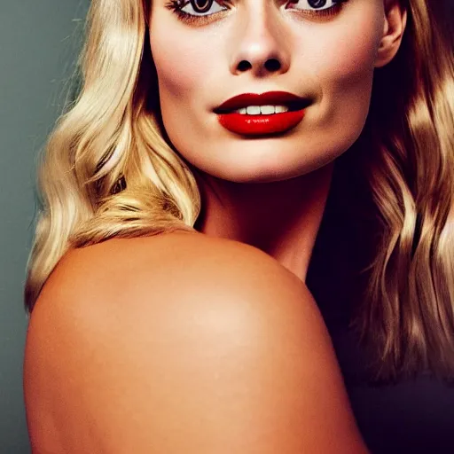 Image similar to Margot Robbie bust, soft lighting, sharp details, warm colors, studio portrait