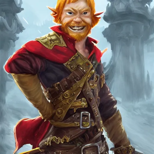 Prompt: handsome grinning ginger elf rogue, tricorne pirate captain hate, naval background, D&D, fantasy, cinematic lighting, centered, symmetrical, highly detailed, digital painting, artstation, concept art, smooth, sharp focus, illustration, volumetric lighting, epic Composition, 8k, art by Akihiko Yoshida and Greg Rutkowski and Craig Mullins, oil painting, cgsociety