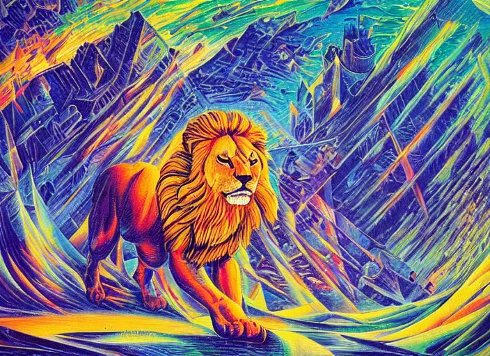 Image similar to An oil on canvas painting of the Lion's gate, energy vortex, by Dan Mumford and Umberto Boccioni,, 3d, realistic shading, complimentary colors, aesthetically pleasing composition, masterpiece, 4k, 8k, ultra realistic, super realistic