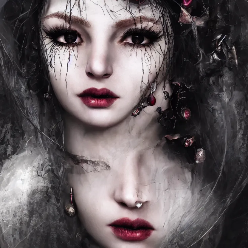 Image similar to single faced portrait of enchanting femenine witch, hyper attractive, seductive, very complex, hyper - maximalist, overdetailed, legendary cinematic, darkfantasy, archetype with timeless beauty breathtaking eyes, highly intricate, realism, perspicious detail, silent hill aesthetic, photorealistic, lifelike, dslr 8 k, unbeatable coherency, octane render