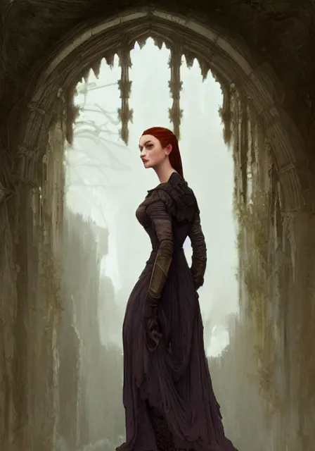 Image similar to sansa stark in foggy ruins of castle, intricate, elegant, highly detailed, digital painting, artstation, concept art, smooth, sharp focus, illustration, art by artgerm and greg rutkowski and alphonse mucha and william - adolphe bouguereau