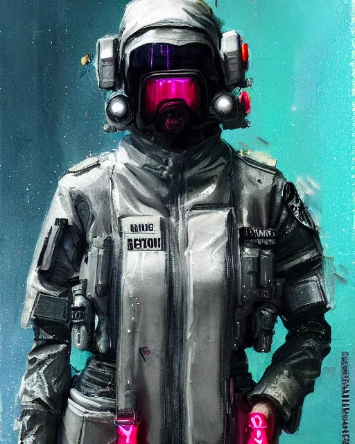 Image similar to detailed full body portrait neon female swat officer, cyberpunk futuristic, neon, reflective puffy coat, decorated with traditional japanese by ismail inceoglu dragan bibin hans thoma greg rutkowski alexandros pyromallis nekro rene margitte, illustrated, perfect face, fine details, realistic shaded, fine - face, pretty face