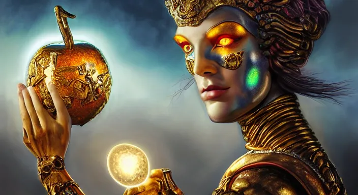 Prompt: trojan war battlefield, closeup portrait of eris discordia, holding glowing reflective gold!!! metal apple, goddess of chaos, fantasy character portrait, ultra realistic, wide angle, intricate details, artifacts, luminous skies, michael cheval, peter mohrbacher, boris vallejo, jessica rossier, oil painting, highly detailed, cinematic lighting, unreal