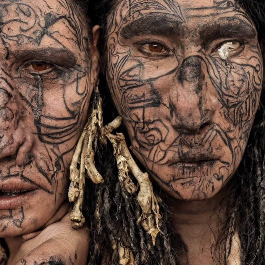 Prompt: extremely detailed award winning national geographic face portrait photography uncut centered and realistic from ancient mayan elder shaman warrior with terrifying face tattoos and heavy bone piercings . 64megapixel. 4k 8k. Photorealistic artwork. Influenced by the movie apocalypto. Landscape background what is slightly blurry and windy.