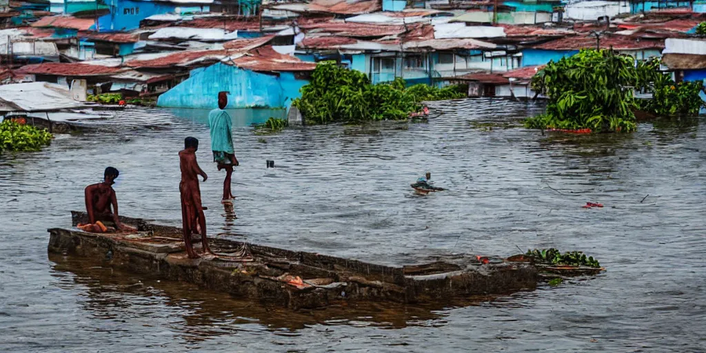 Image similar to fisherman fishing from a rooftop in a submerged sri lankan city