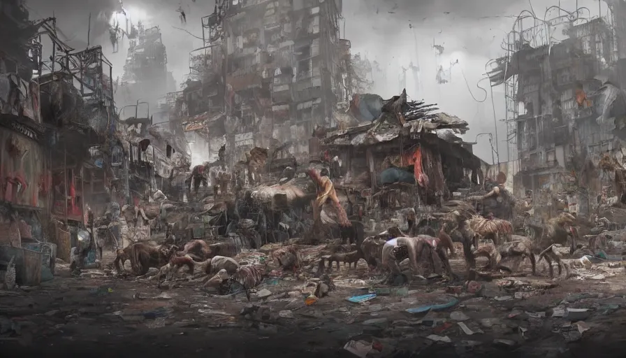 Image similar to Slum under attack by zombie dogs, hyperdetailed, artstation, cgsociety, 8k