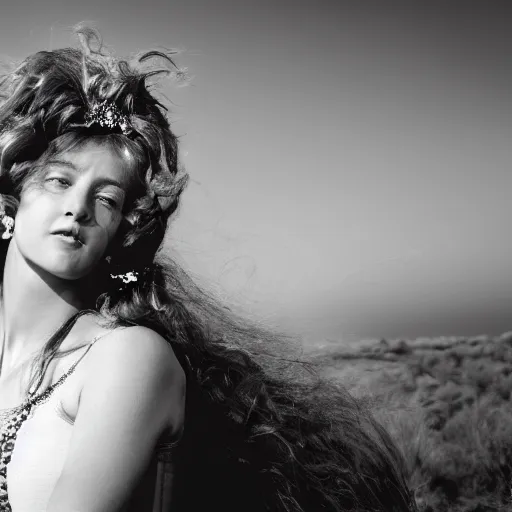 Image similar to wide angle length photgraph of a Helen of Troy, wearing a diadem, her hair blowing in the wind, dramatic lighting, by Annie Leibovitz Carl Zeiss 135mm nikon