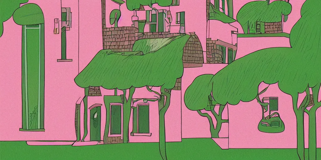 Image similar to a pink and green illustration of a house, a storybook illustration by muti and tim biskup, featured on dribble, arts and crafts movement, behance hd, storybook illustration, dynamic composition