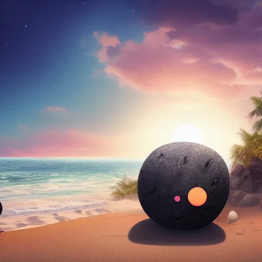 Image similar to A rock with googly eyes, the rock is chilling on the beach, palm trees swaying in the wind, the moon rising on the horizon, stars glistening in the night, hyperdetailed, artstation, cgsociety, 8k