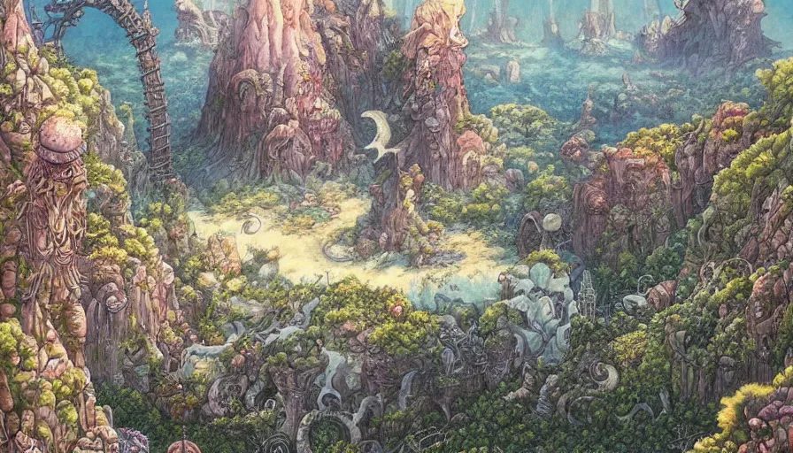 Prompt: made in abyss vast landscape drawn by daniel merriam