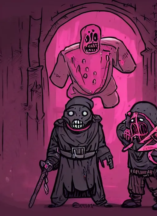 Image similar to concept art of pink guy and filthy frank as bosses in darkest dungeon, highly detailed, dark atmosphere, cosmic horror, body horror, lovecraft mythos, key character poster