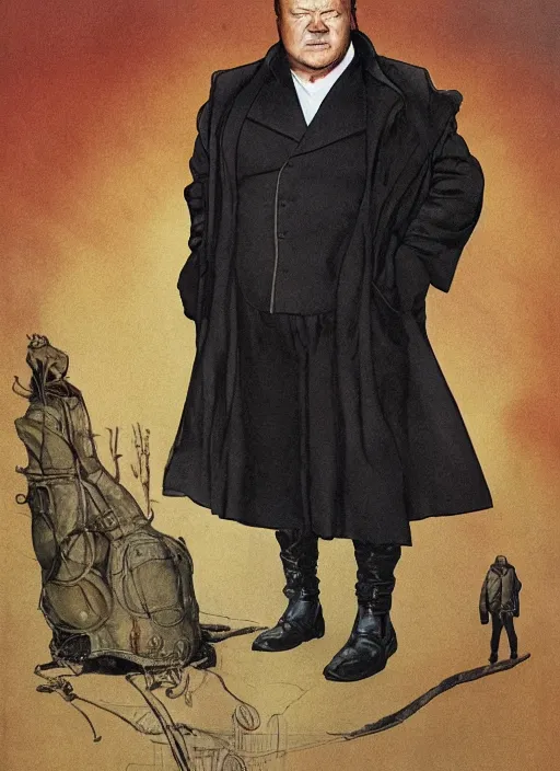 Image similar to full body and head portrait of ray winstone as baron vladimir harkonnen in dune 1982 wearing a long leather trench coat, by norman rockwell and jason fabok and tom lovell and frank schoonover and dean cornwell