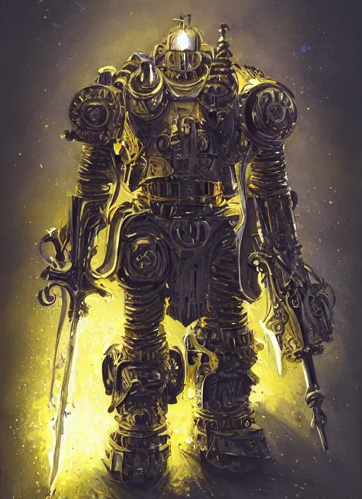 Image similar to dynamic portrait of a intricate glorious holy mechanical warforged character in yellow armor holding a paladin engraved great longsword and carrying a big paladin shield, spotlight from face , epic , trending on ArtStation, masterpiece, cinematic lighting, by Jesper Ejsing and by Yoann Lossel and by John Salminen and by Jackson Pollock and by Marc Simonetti