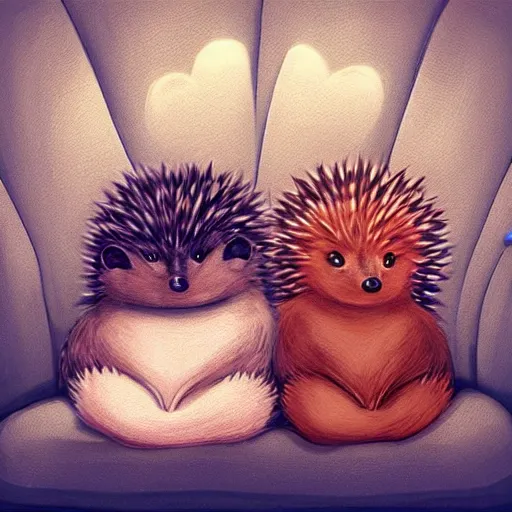 Image similar to two cute adorable hedgehogs, sitting together on a couch, romantic, shy hedgehog, blushing, waving, smiling, cute, hedgehog, by cyril rolando