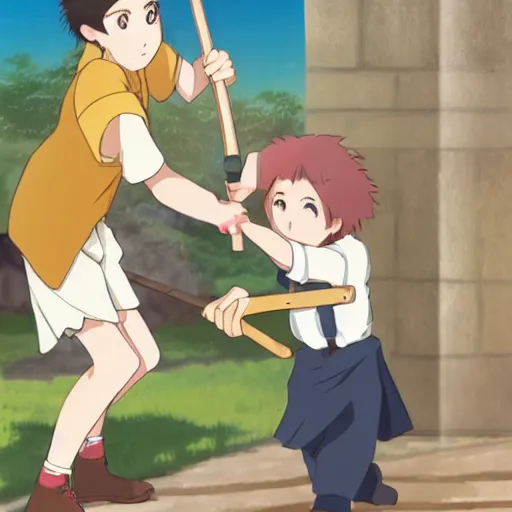 Image similar to a girl holding a comically large hammer and slapping it on the head of a boy, anime art, smooth, elegant, HD, Studio Ghibli