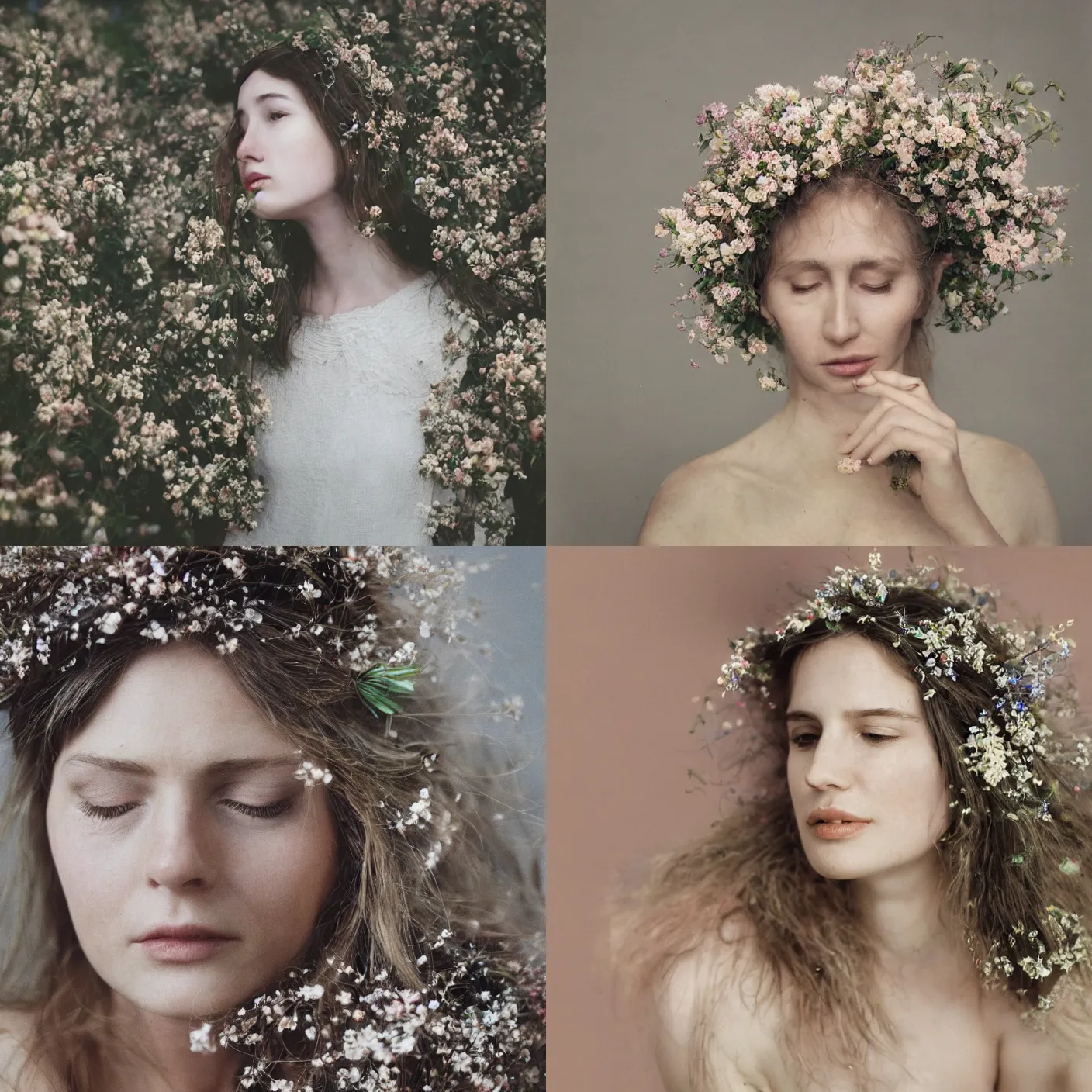 Prompt: A analog head and shoulder frontal portrait photography of a woman wearing an intricate crown full of small flowers by Annie Leibovitz. Long hair. eyes closed. soft gradient pastel color background. Kodak Color Plus 400 film. Icelandic mood. detailed. hq. realistic. Rembrandt light style. warm light. muted colors. lens flare. photoreal. Bloom and glare. Leica M9.