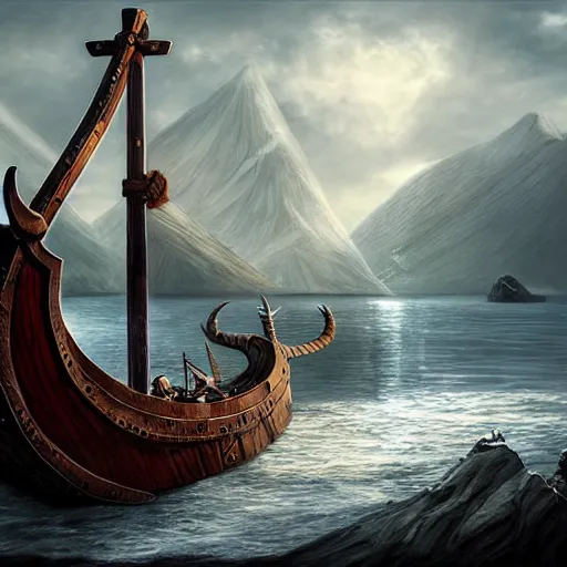 Prompt: viking ship, centered in picture, daytime, epic fantasy, detailed, intricate, digital painting, concept art, realistic, smooth, focus, rim light