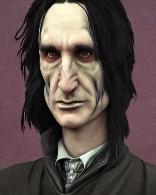 Prompt: An epic fantasy comic book style portrait painting of a very imposing Industrial goth Trent Reznor as Severus Snape at Hogwarts, character design by Mark Ryden and Pixar and Hayao Miyazaki, unreal 5, DAZ, hyperrealistic, octane render, cosplay, RPG portrait, dynamic lighting, intricate detail, cinematic