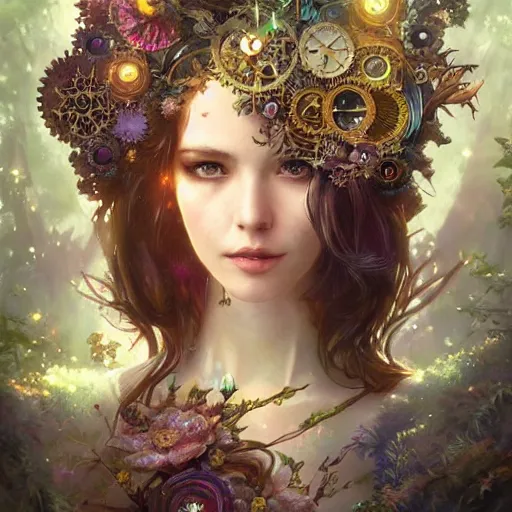 Image similar to ultra realistic illustration of steampunk magical fairy, forest, fantasy, lenses, colorful lights, intricate, elegant, highly detailed, digital painting, artstation, concept art, smooth, sharp focus, illustration, art by artgerm and greg rutkowski and alphonse mucha