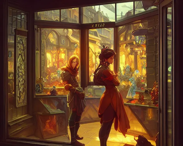 Image similar to shop front, window, magic items, busy street, deep focus, d & d, fantasy, intricate, elegant, highly detailed, digital painting, artstation, concept art, matte, sharp focus, illustration, hearthstone, art by artgerm and greg rutkowski and alphonse mucha