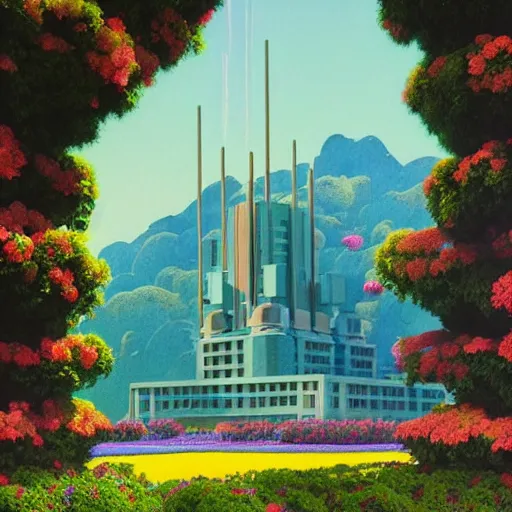 Image similar to a painting of an art deco building surrounded by flowers, a watercolor and matte painting by beeple and rhads and maxfield parrish, cgsociety, artdeco, dystopian art, sci - fi, artstation hq