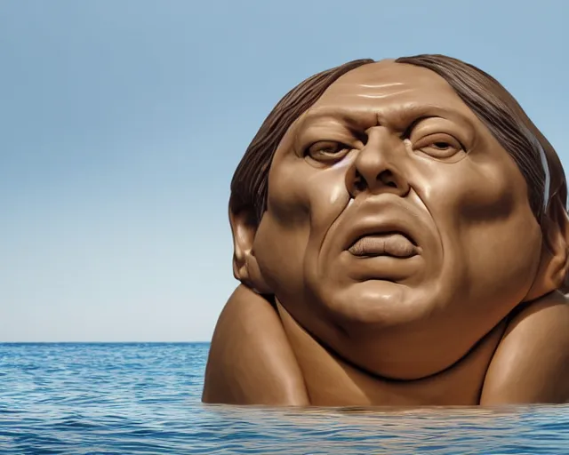 Prompt: a massive clay sculpture of a surreal distorted human face on the ocean water, in the style of jeff koons and michelangelo, inspired by the greatest sculptors, cinematic, hyper - realistic, very detailed, realistic water splashes, ray tracing, 8 k resolution, long - shot, sharp focus, low angle, 8 5 mm photograph, wide lens