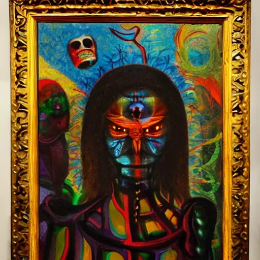 Image similar to portre of an autistic demon on acid, masonic and kabalistic symbols in background, oil painting