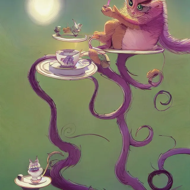 Image similar to cheshire cat drinking tea, by cory loftis, character art, very coherent, exquisite lighting, whimsical background, lighthearted, soft painting, masterpiece