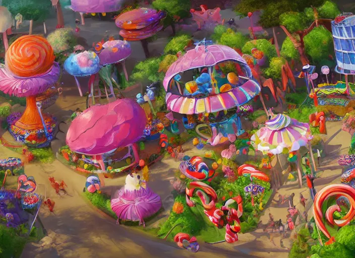 Image similar to candy zoo park for a game candy themed, top angle, oil painting by jama jurabaev, extremely detailed, brush hard, artstation, for aaa game, high quality, brush stroke