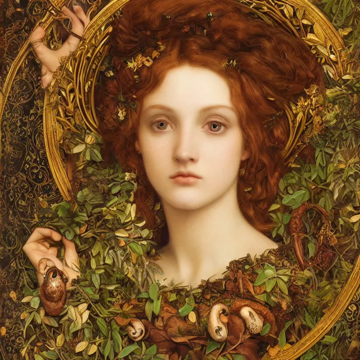 Prompt: masterpiece beautiful seductive flowing curves preraphaelite face portrait amongst leaves, extreme close up shot, straight bangs, thick set features, yellow ochre ornate medieval dress, branching abstract decorate structural circle, halo, amongst foliage, mushrooms, forest arch, branching framed with natural forms gold gilded circle halo, skulls, kilian eng and frederic leighton and rosetti, 4 k