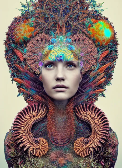 Prompt: ridiculously beautiful young womans face, radiating psychedelics, portals into nature, coral, birds, symmetrical, in the style of ernst haeckel, effervescent, sacred geometry, warm, surrealism, photo realistic, epic and cinematic,