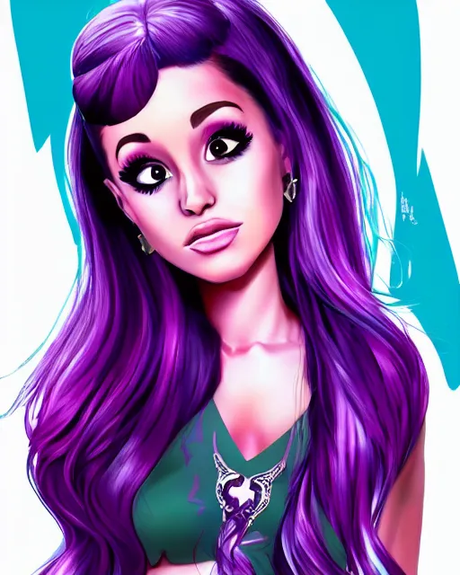 Image similar to beautiful Ariana Grande purple-hair tattoos symmetrical face stunning eyes full length fantasy art icon, 2d art gta5 cover, official fanart behance hd artstation