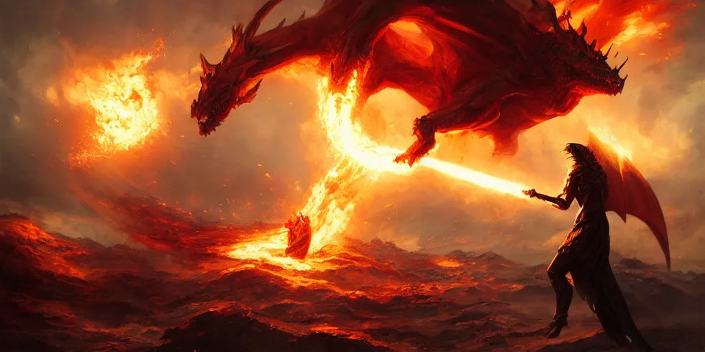 Image similar to Sauron fighting a dragon spitting fire, backlighting, oil painting, by Greg Rutkowski