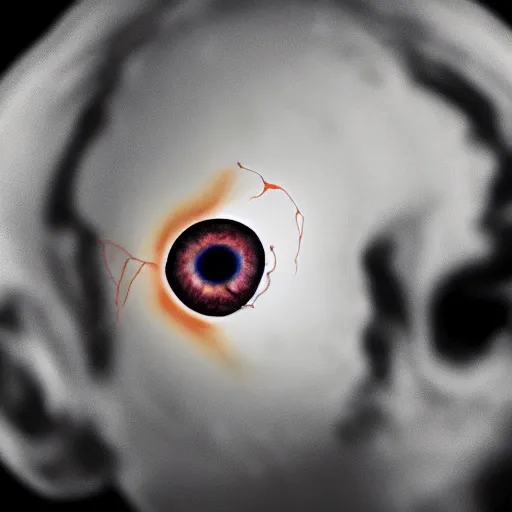 Prompt: a single eye ball connected to a broken skull by connective tissue and ligaments