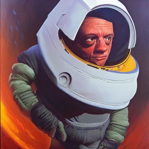 Image similar to a portrait of Dave from 2001 a space odyssey, in his spacesuit, masterpiece, oil painting, frank frazetta