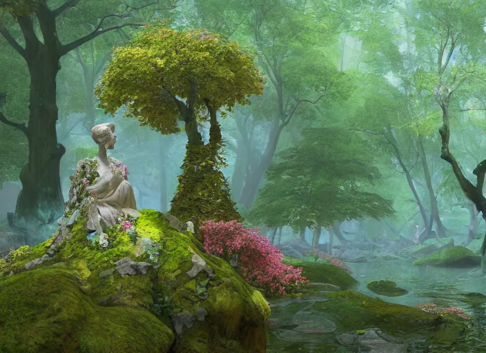 Prompt: an idealistic marble statue with fractal flowery hair, in a magical forest, painted by, mc escher, gordon onslow ford, georgia o'keeffe and ivan aivazovsky, cinematic light, god rays, colourful, unreal engine, zbrush central,