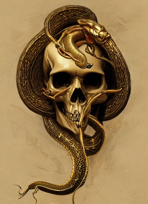 Image similar to A skull with a gold snake slithering around it, highly detailed, digital painting, artstation, concept art, sharp focus, illustration, art by greg rutkowski and alphonse mucha