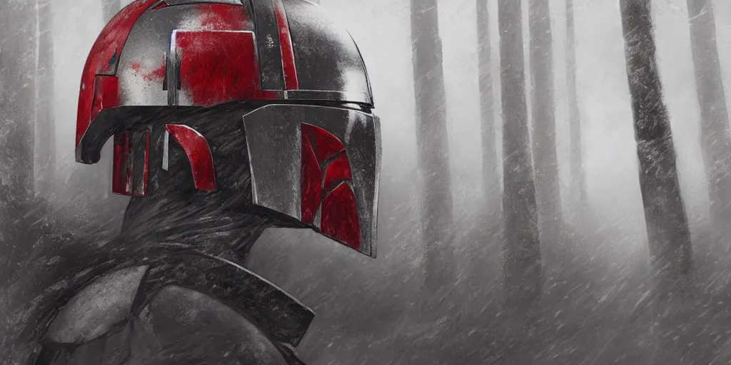 Prompt: a mandalorian with a red and grey helmet facing a long dark haired jedi man, from side view close up, in a snowy forest setting, hard edges concept art, highly detailed, great cinematic lighting, depth of field, art by greg rutkowski, trending on artstation