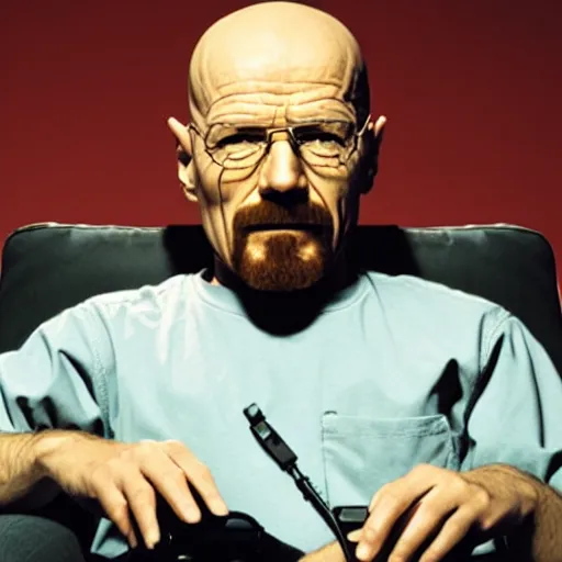 Prompt: Walter White sitting on a couch holding a Nintendo 64 controller, 8k