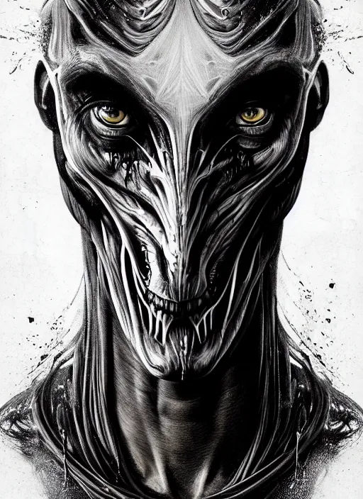 Image similar to a dream portrait of a man - horse aberration, black & white, melting, webbing, 8 k, by tristan eaton, stanley artgerm, tom bagshaw, greg rutkowski, carne griffiths, ayami kojima, beksinski, giger, trending on deviantart, face enhance, hyper detailed, minimalist, horror, alien