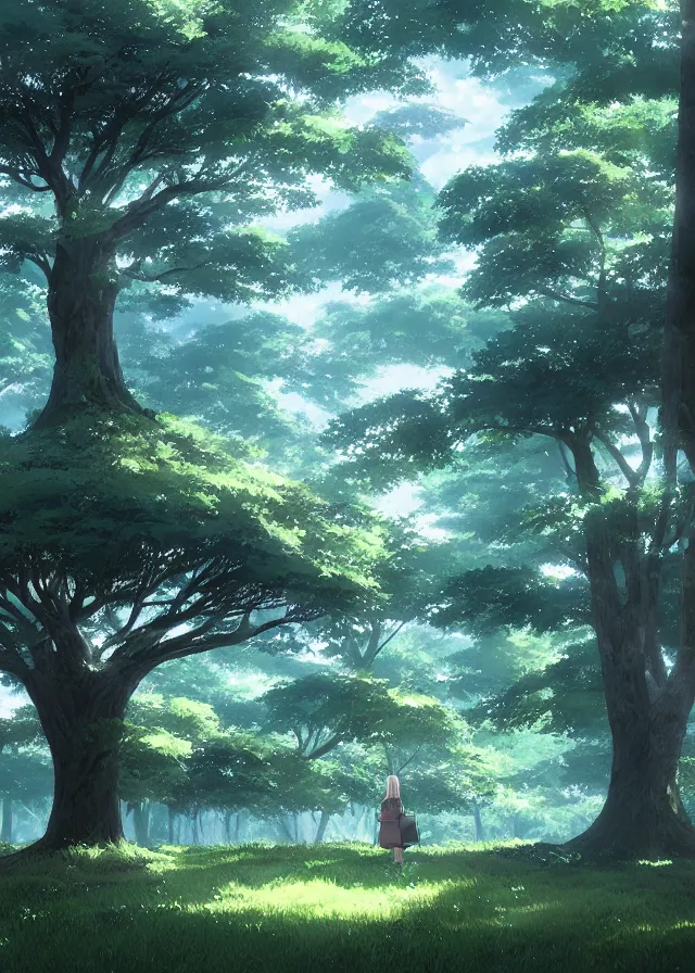 Prompt: grand green tree in a forest, makoto shinkai