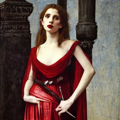 Image similar to emma roberts as a bandit queen, goddes of the vampires, red silk dress, bloodshot eyes by edgar maxence and caravaggio and michael whelan and delacroix