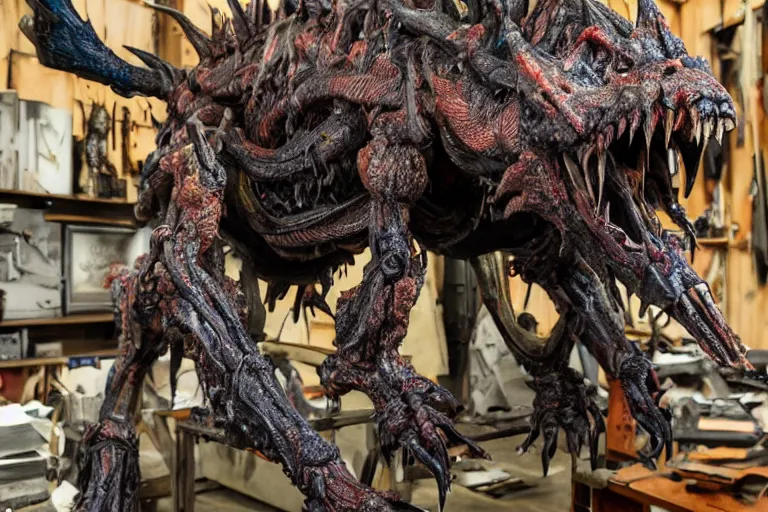 Prompt: photo taken of an epic intricate, ultra detailed, super realistic gritty, hero prop, exquisitely painted animatronic movie prop of a nightmarish hellish creature displayed in the workshop, created by weta workshop, full body shot, photorealistic, sharp focus