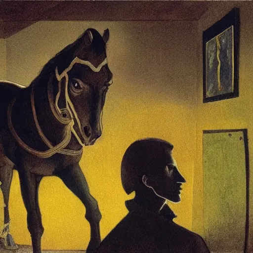 Prompt: portrait horse-face Nightmarish Horse Man Warlock the Bobby Fischer camouflaged as a Pony wearing a yellow hoodie eyvind earle greg rutkowski edgar degas andrew wyeth giorgio de chirico