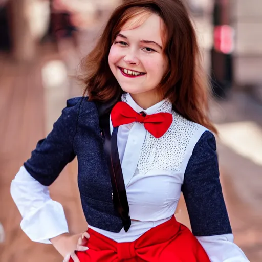 Prompt: a high quality photo of a girl wearing a skirt with red bow tie and smiling, render, ultra realistic, cgsociety